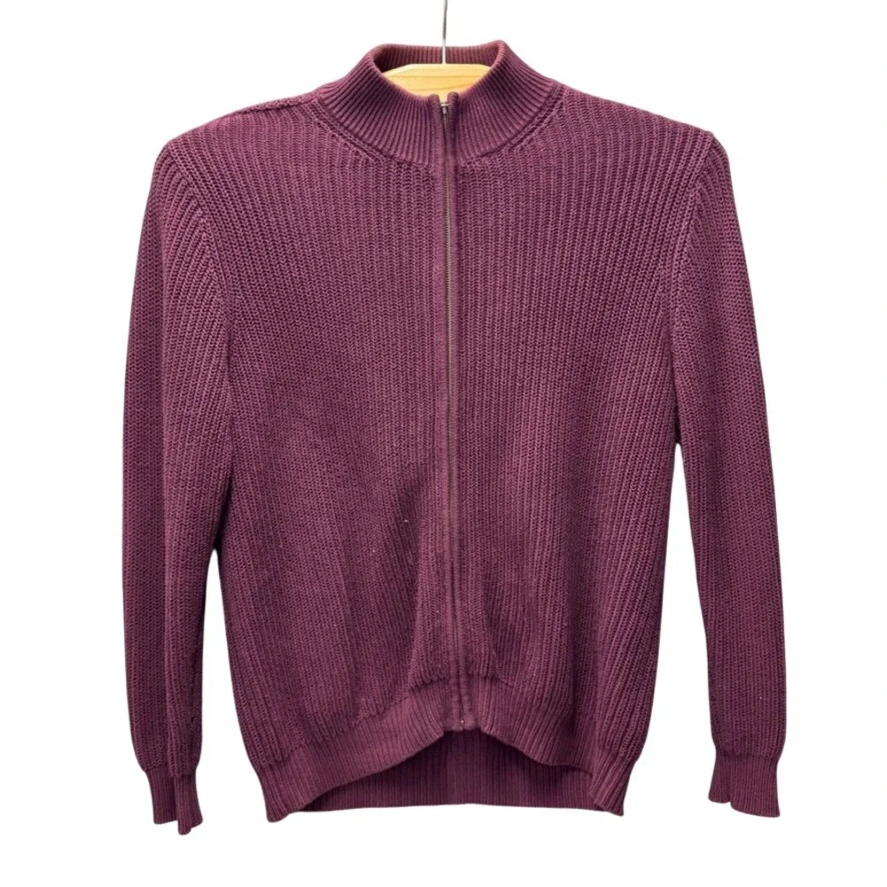 LL Bean Mens Full Zip Mock Neck Sweater Burgundy Cotton Shaker Stitch L-REG